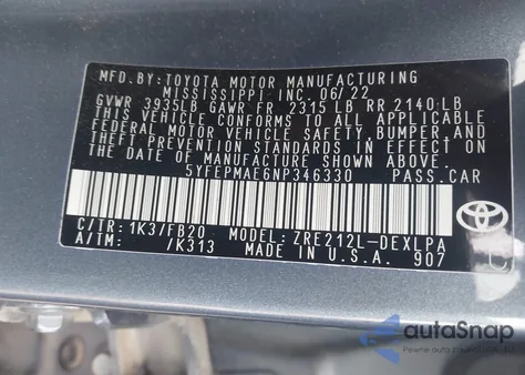 2022 Toyota Corolla Le из США, поврежденный, VIN 5YFEPMAE6NP346330